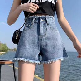 Denim Shorts for Womens Summer New Instagram High Waisted Slimming Loose Wide Leg Pants with A-line Fur Edge Hot Trend