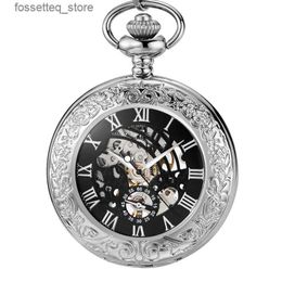 Pocket Watches Steampunk Automatic Mechanical Skeleton Pocket es Men Women Sliver Luxury Brand Hand Wind Necklace Pocket Fob Chain L240322