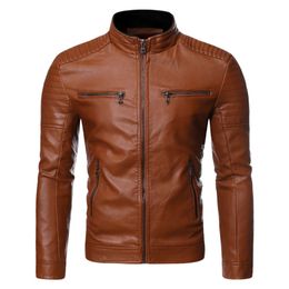 Spring and Autumn Thin Mens Stand Collar Stripe Double Zipper Pu Leather Coat Large Motorcycle