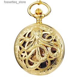 Pocket Watches Gold Octopus Mechanical Pocket Steampunk Skeleton Hand-Wind Flip Clock Fob with Chain for Men Women Collection L240322