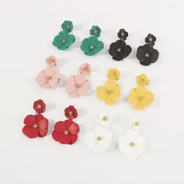 Dangle Earrings Big Flower Vintage Painting Alloy Ear Clip Double Layer Long Hanging Floral Earring Women