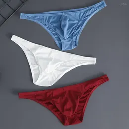 Underpants Men Briefs Ice Silk Thin Stripe Solid Color U Convex Thong Low Waist Sexy Quick Dry Male Intimate Clothes Daily Wear