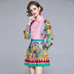 Work Dresses Runway Spring Summer Two Pieces Sets Women's Long Sleeve Floral Print Shirt Tops And Fashion Pleated Short Skirts Suits