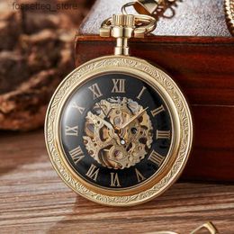 Pocket Watches Golden Sliver Smooth Automatic Mechanical Pocket Steampunk Skeleton Fob Chain Hand Winding Hollow for Men Women L240322