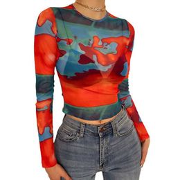 Summer Women Custom Transparent t Shirts Long Sleeves Crew Neck Allover Printed Mesh Cropped Tops