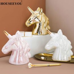 Boxes Nordic Ins Pearl Glaze Fantasy Unicorn Piggy Bank Decoration Golden Ceramic Money Saving Box Coin Jar Storage Container