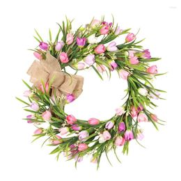 Decorative Flowers 16 Inch Artificial Wreath Tulip Wreaths For Front Door Spring Silk Flower