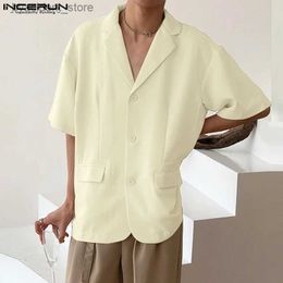 Men's Polos 2023 Men Blazer Solid Colour Lapel Short Sleeve Fashion Casual Suits Men Button Korean Loose Streetwear Thin Coats S-5XL L240320