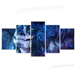Calligraphy Day Of The Dead Face Blue Sugar Skull 5 Panel Canvas Print Wall Art Painting HD Print Pictures Home Decor 5 Piece Room Decor