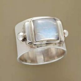 Bohemian Tribe Antique Square White Stone Wedding 14K Gold Ring Retro Synthetic Moonstone Womens Jewelry