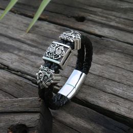 Charm Bracelets Viking Slavic Cowhide Bracelet Men Black Braided Leather Cuff Stainless Steel Magnetic Clasp 100 Genuine Bangles15811506