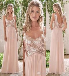 2020 Bridesmaid Dresses Blush Pink Spaghetti Straps Sequins Ruched Sleeveless Backless Chiffon Beach Long Party Dresses Wedding Gu9146428