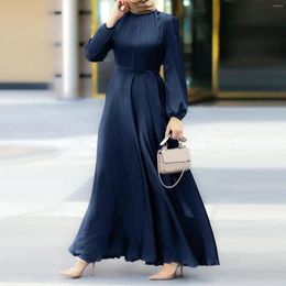 Ethnic Clothing Women'S Muslim Party Solid Satin Maxi Dress 2024 Spring Chic Elegant Puff Sleeve Robe Casual Holiday Swing Kaftan Ol Dubai