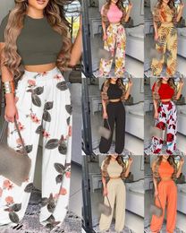 Women's Two Piece Pants Women Print Pant Sets Suit Round Neck Short Sleeve Tops Vests Wide Leg Trousers High Waist Ladies Summer