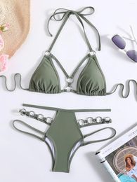 Women's Swimwear Sexy Army Green Push Up Ring Bikinis Sets Two Pieces High Waist Padded Bathing Suit Beach Wear Women Thong Bikini Swimsuits