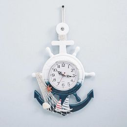 Wall Clocks Wooden Boat Clock Mediterranean Style Art Hanging Decor Anchor Nautical Sculpture