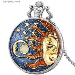 Pocket Watches Art Half Face Sun Moon Stars Blue Starry Display Quartz Necklace Pocket Vintage Stylish Pendant Chain Clock Men Women L240322