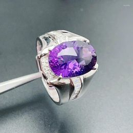 Cluster Rings Pure Amethyst 925 Silver Ring For Men 10mm 14mm 6ct VVS Natural 3 Layers 18K Gold Plated Crystal Jewellery