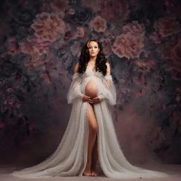 2023 Maternity Pography Props Dress Transparent Tulle Pearl Pregnancy Sexy Clothes For Pregnant Women 240309