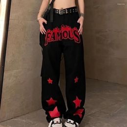 Women's Jeans Female Denim Pants Graphic Star Straight Leg High Waist S Letter Pattern Black With Print Trousers Emo Gyaru R