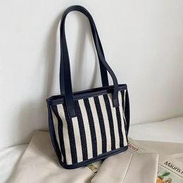 Drawstring Korean Style Fashion Striped Women Shoulder Bag Canvas Sling Bags Small Square Crossbody Handbag Simple Travel Handbags