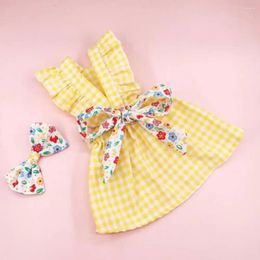 Dog Apparel Exquisite Edging Pet Outfit Sleeves Clothes Dress Set With Headdress Plaid Skirt For Summer Cat