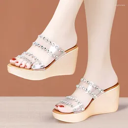 Slippers Small Size 32-43 Decent Transparent Rhinestone Wedding Shoes Women Summer Slides 2024 High Heels Platform Wedges Office