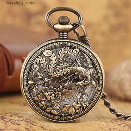 Pocket Watches Exquisite Mechanical Pocket Bronze Hollow Flowers Phoenix Bird Design Alloy Case Self Winding Luxury Pocket Clock Gift Men L240322