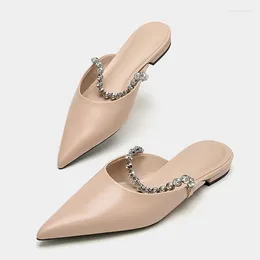 Dress Shoes Slippers Women Mules Designer Pointed Toe Mirror Silver Crystal Band Summer Outdoor Slides Low Heel Pumps Sandalias