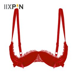 Womans Underwire Push Up Shelf Bra 12 Cup Demi Balconette Bowknot Unlined Lace Bra Sexy Erotic Open Cup Padded Bustier Bra 240320