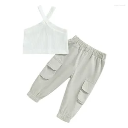 Clothing Sets Baby Girls 2 Piece Summer Outfit Solid Colour Ribbed Cami Tops And Stretch Casual Cargo Pants Set Girl Clothes