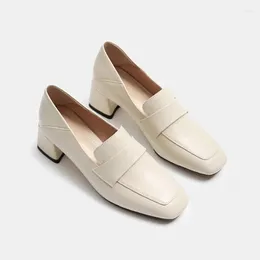 Dress Shoes GUIDIBASIC Loafers For Women 2024 Spring Genuine Cow Leather Square Toe Thick Heel Platform Mid-Heel