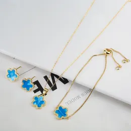 Necklace Earrings Set Gradient Double Sided Shell Plum Blossom Plant Five Leaf Flower 18K Gold Plated Jewellery Luxury Gift Simple Clover 2024