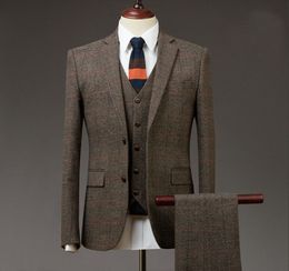 2019 Brown 3 Piece Mens Suits Tweed Wool Cheque Suits Regular Fit Groom Tuxedos Custom Made5923364