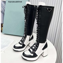 Pradoity Boots Pada Prax praddas Designer Re-nylon Brushed Leather Triangle Boots Women Luxury Calfskin Fashion Top-quality High Heel Lace-up Boot Winter Motorcycle