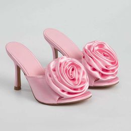 HBP Non-Brand Fashion Pink flowers Lady Thin Heel High Heel Slippers Big Size 35-42 Womens Sandals