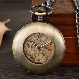 Pocket Watches New Retro Bronze Smooth Hollow Case Skeleton Dial Self-wind Mechanical Pocket es Vintage Steampunk Fob with Chain L240322