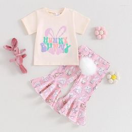 Clothing Sets FOCUSNORM 0-4Y Toddler Baby Girls Easter Clothes Outfits Letter Print Short Sleeve T-Shirt Elastic Flare Pants