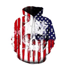 2024 New Spring and Autumn Mens 3d Printed American Flag Skull Hoodie