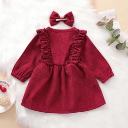 Girl Dresses Baby Dress High-Waist Midi Long Sleeve Round Collar Ruffle Buttons Princess Pleated Fall Skirt Headband