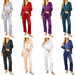 Long Sleeve Ice Silk Soft Satin Button Down Pyjamas Set Luxury Loungewear Pj Sleepwear for Women