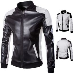 New Mens Stand Collar Leather Clothes Trend Black and White Colour Matching Large Coat M-5xl Y668