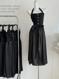 Casual Dresses French Elegance Halter Dress Thin Fashion Vintage Black Party Evening Sleeveless Kpop Gothic 2000s Aesthetic High Quality