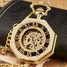 Pocket Watches Hexagonal Mechanical Pocket Golden Sliver Bronze Hollow Fob Chain with Box Men and Women La es Mens Vintage Gifts L240322