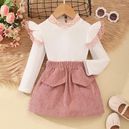 Clothing Sets FOCUSNORM 1-6Y Fashion Toddler Kids Girls Clothes Lace Patchwork Sleeves Tops Corduroy A-Line Skirt