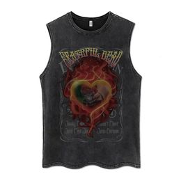 Vintage Washed Vest Hip Hop Streetwear 100% Cotton Tank Top Mens Gothic Letter Print Sleeveless Y2K Punk Rock T Shirt Summer 240321