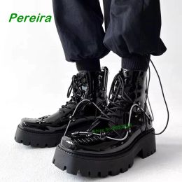 Boots Square Toe Metal Ankle Boots Thick Soled Men's British Style Motorcycle Male Casual Boots Lace Up Shoes Black Glossy Shoes Sexy