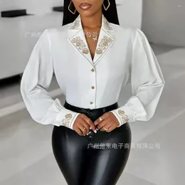 Women's Blouses Embroidery Buttoned Notched Collar Top Women Long Sleeve Tops V Neck T Shirt Single Breasted Shirts Casual Spring 2024