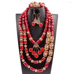 Necklace Earrings Set Original Red African Coral Beads Jewellery Flower Pendants Nigerian Wedding CNR351