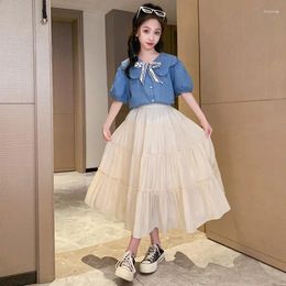 Girl Dresses 2024 Summer Doll Collar Denim Skirt Suit Trend Western Must-have Comfortable And Cool Design Schoolgirl